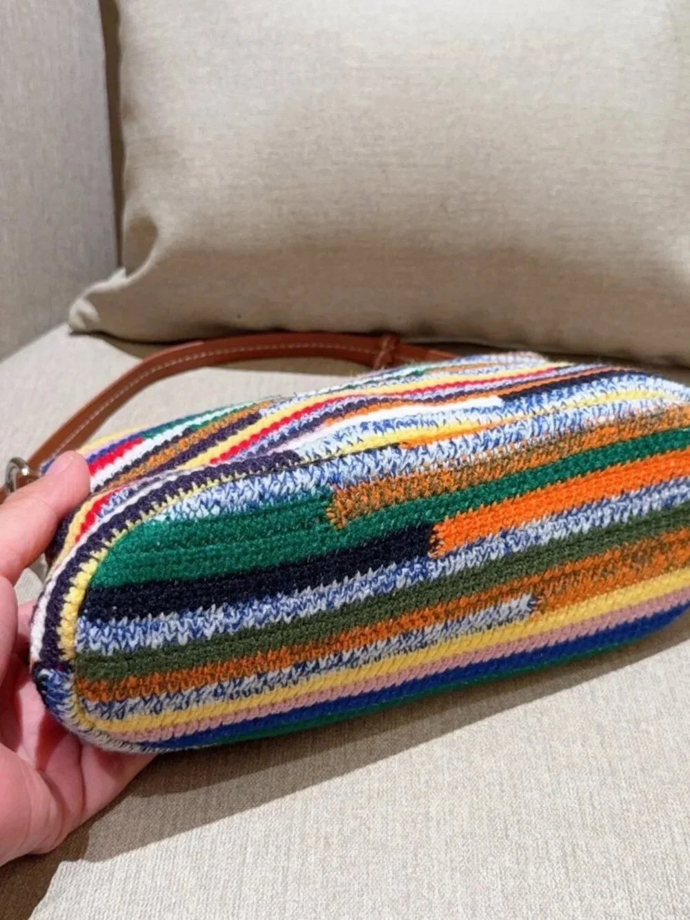 Miu Miu Multicolor Striped Crochet Shoulder Bag with Brown Leather Strap